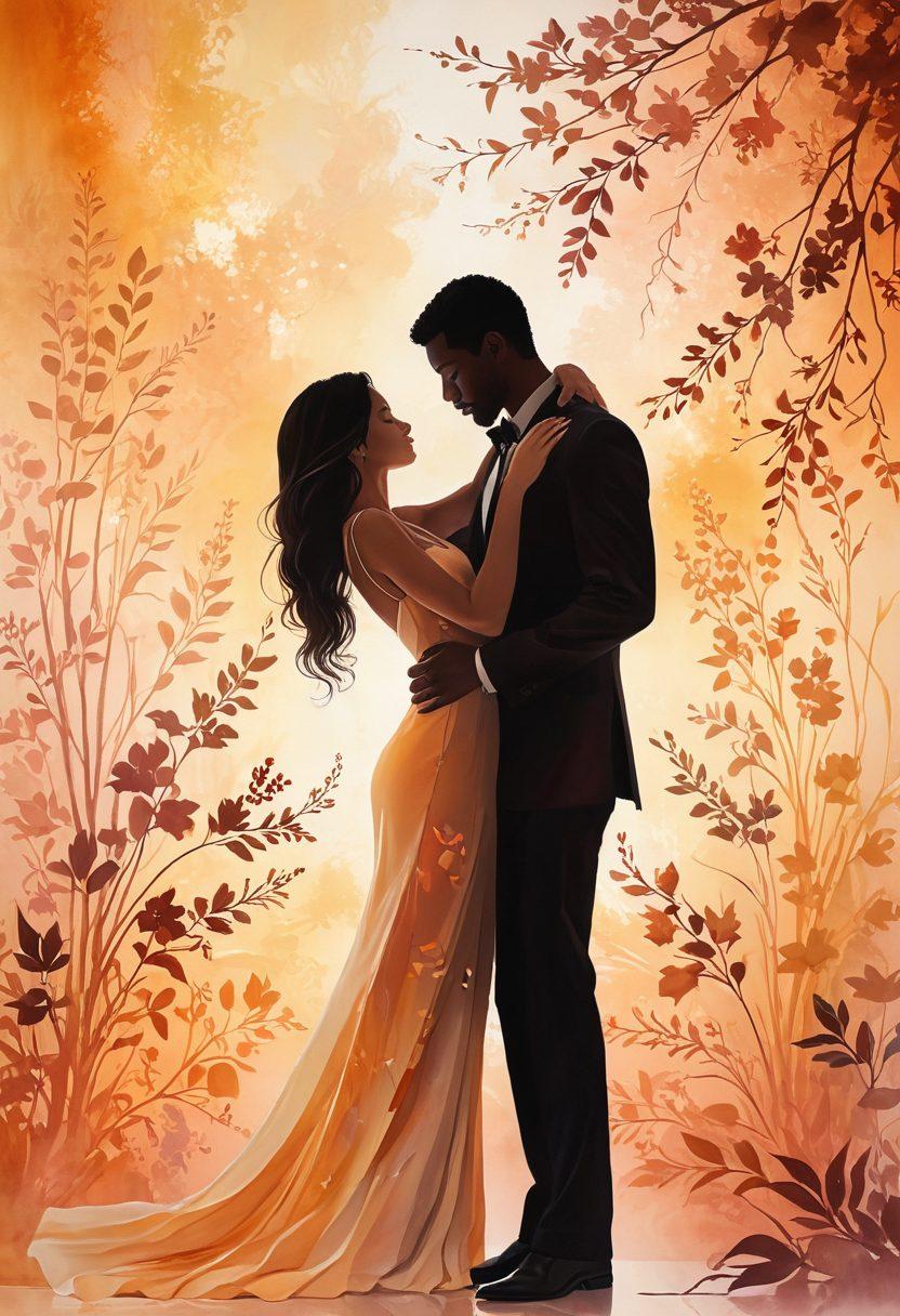 A sensual yet artistic composition that showcases the interplay of intimacy and aesthetics, featuring a tasteful silhouette of a couple in a romantic embrace surrounded by elegant floral patterns. The background should be a soft gradient with warm, inviting colors that evoke a sense of luxury and sophistication, integrating abstract art elements. The lighting should be soft and ethereal, enhancing the overall romantic vibe. elegant painting. warm colors. soft focus.