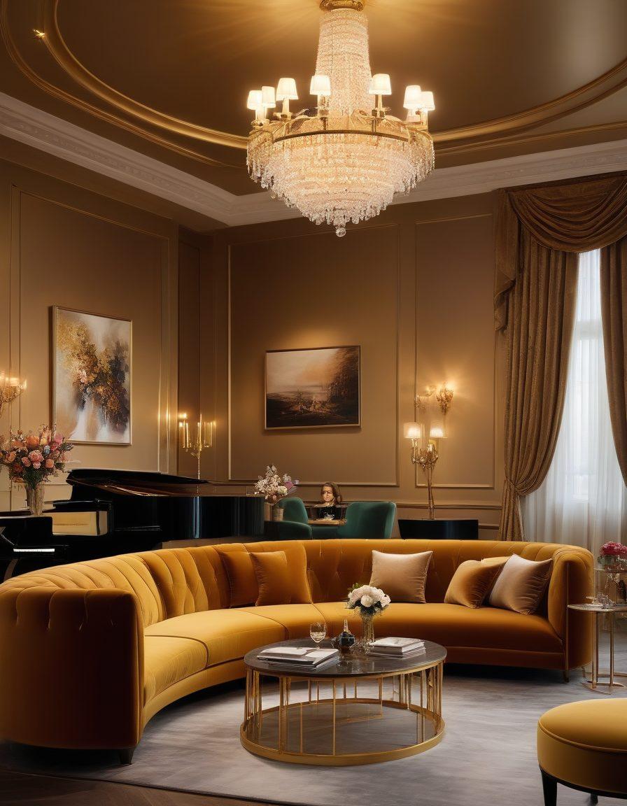 A luxurious and sophisticated setting featuring an elegant lounge filled with plush velvet sofas and tasteful decor. Silhouettes of diverse individuals exuding confidence and allure engage in conversation over champagne, surrounded by delicate golden accents and soft ambient lighting. Incorporate elements of sophistication and intimacy while maintaining a sense of artistry and elegance. super-realistic. warm tones. soft focus.
