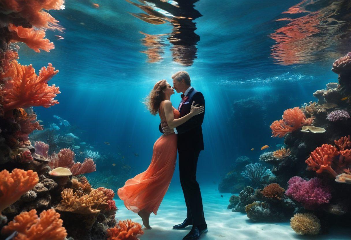 A sophisticated and elegant underwater scene depicting a tasteful and artistic representation of intimacy, featuring mature couples in graceful poses surrounded by soft, swirling currents of water and vibrant coral reef. The lighting should be soft and warm, with shimmering details emphasizing sensuality while maintaining a classy atmosphere. Rich hues of blue and coral create a captivating visual experience. super-realistic. vibrant colors. underwater setting.